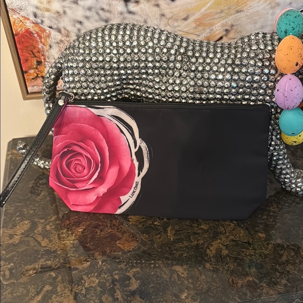 NWOT Lancôme Black and Pink Floral Women's Bag